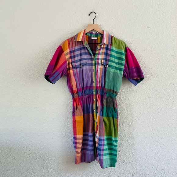 Vintage Dresses & Skirts - Vintage Rainbow Plaid Button Front Dress